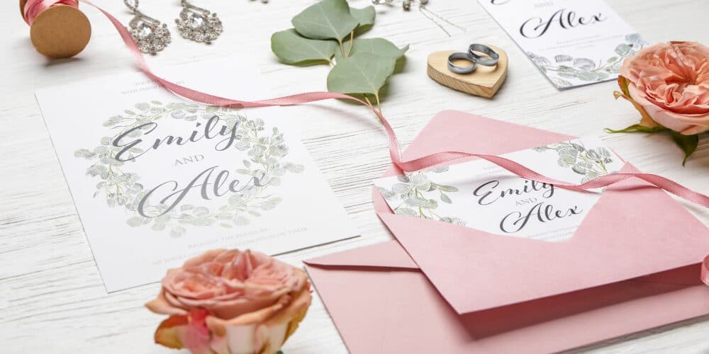 Pink and green wedding invitation