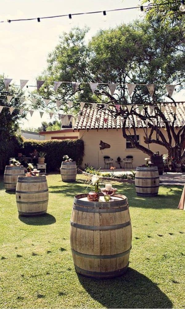 wine barrel table for barn wedding 