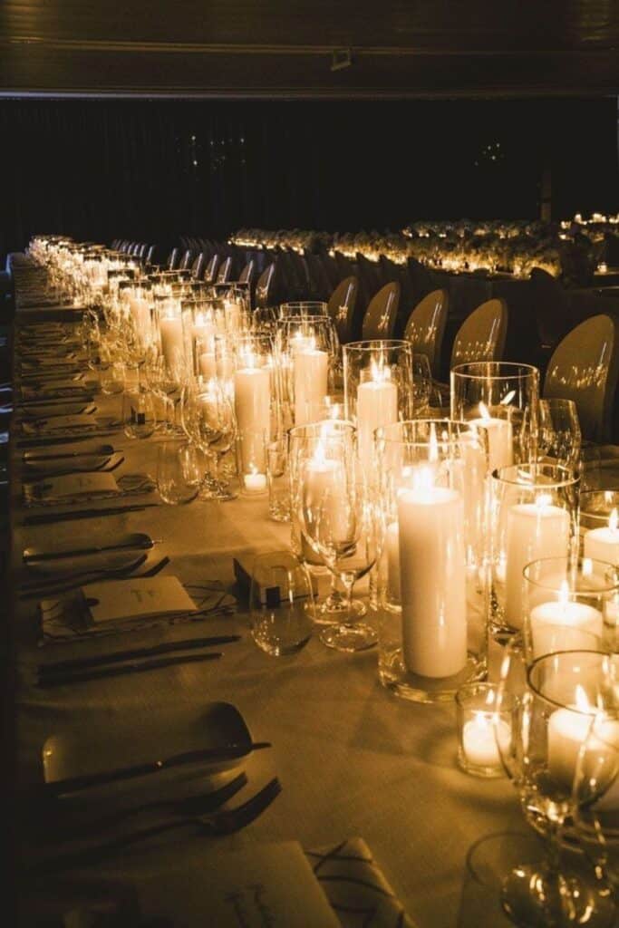 white pillar candle decor for winter wedding 