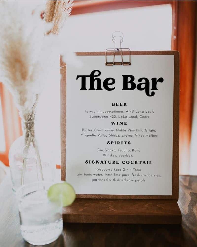 wedding bar menu size