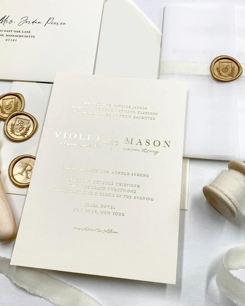 foiled stamped invites for chic wedding