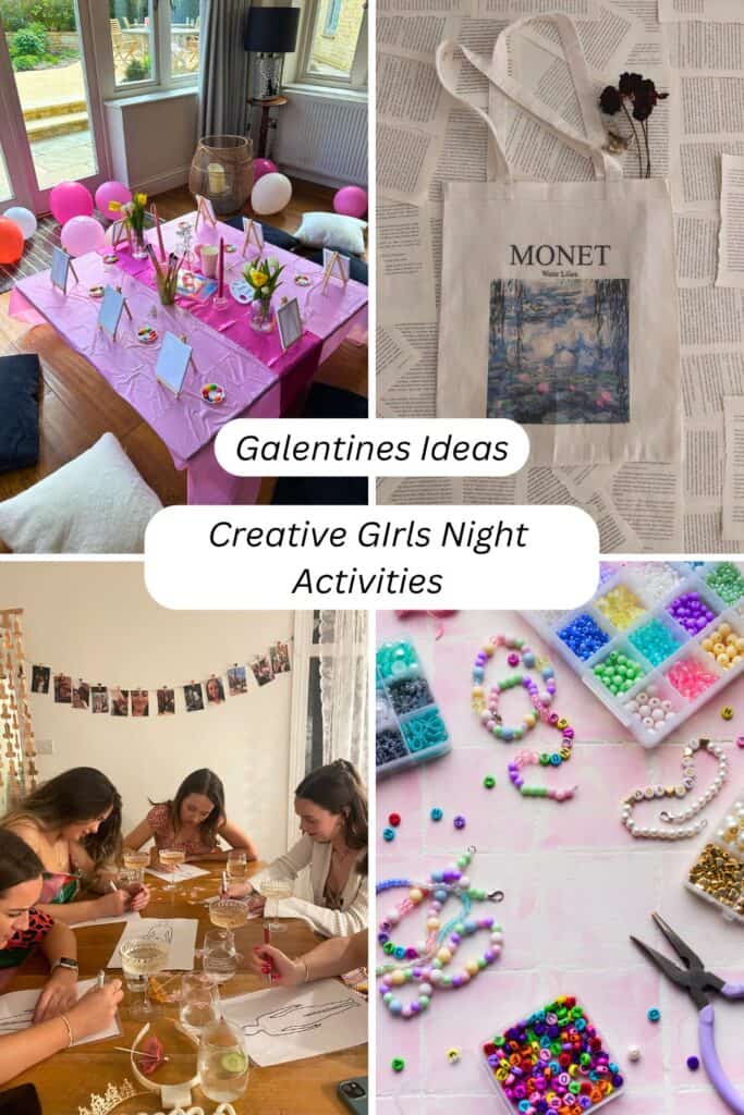 galentines party activities - diamond painting, bracelet making, sip and paint