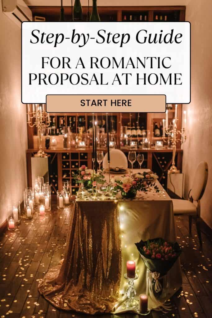 romantic proposal at home with candles and fairy lights and rose petals