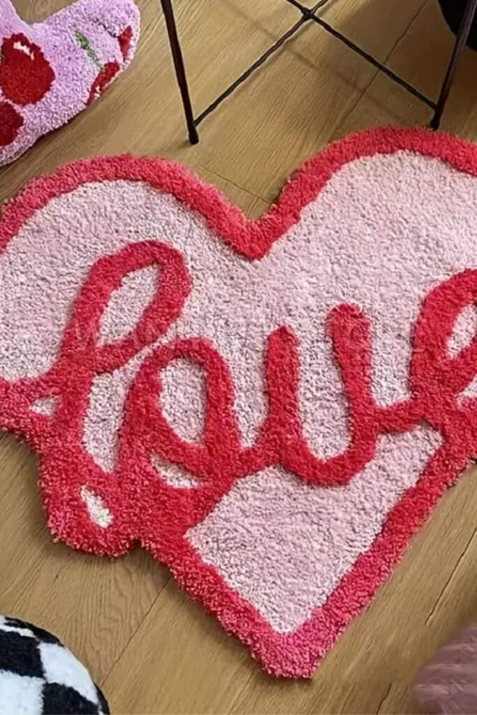 love rug pink heart with red love writing. Galentine's party favors 