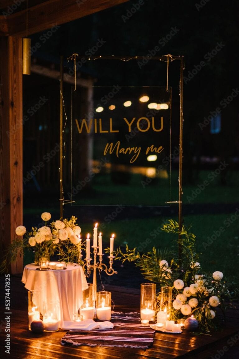 proposal at night time with candles and marrry me sign