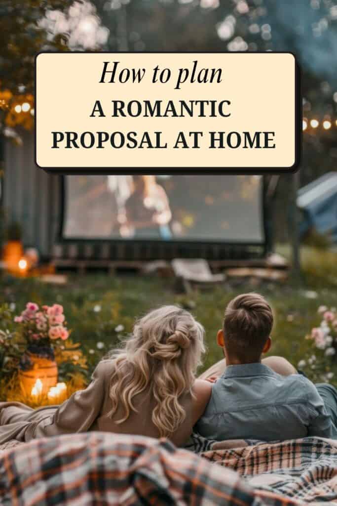 proposal at home in the backyard with couple watching a movie 