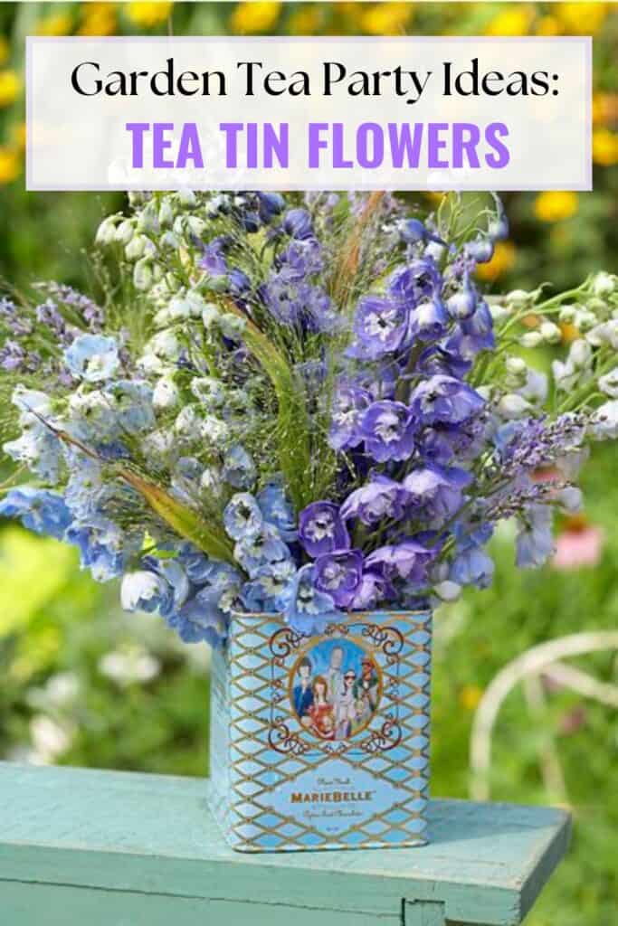 diy tea party decor ideas - tea tin vase with purple flowers in