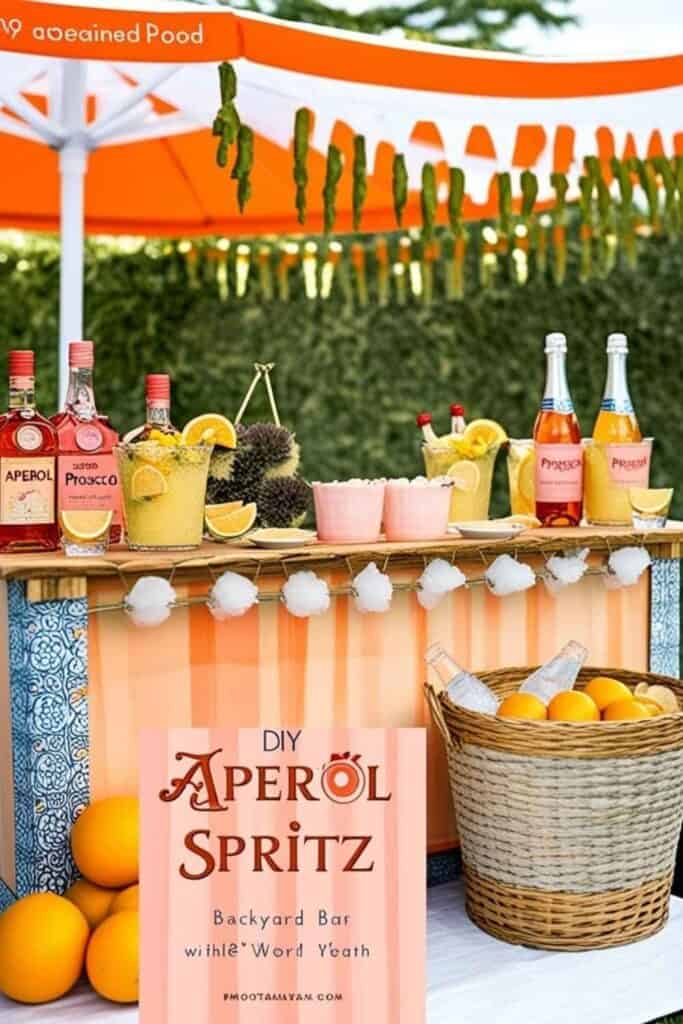 DIY aperol spritz bar for garden wedding. oranges, alcohol and garnishes on outdoor stand