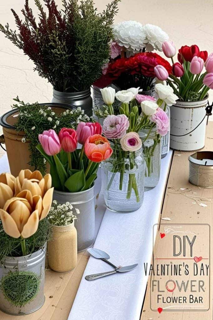 flowers in vases on a table for a DIY flower bar display