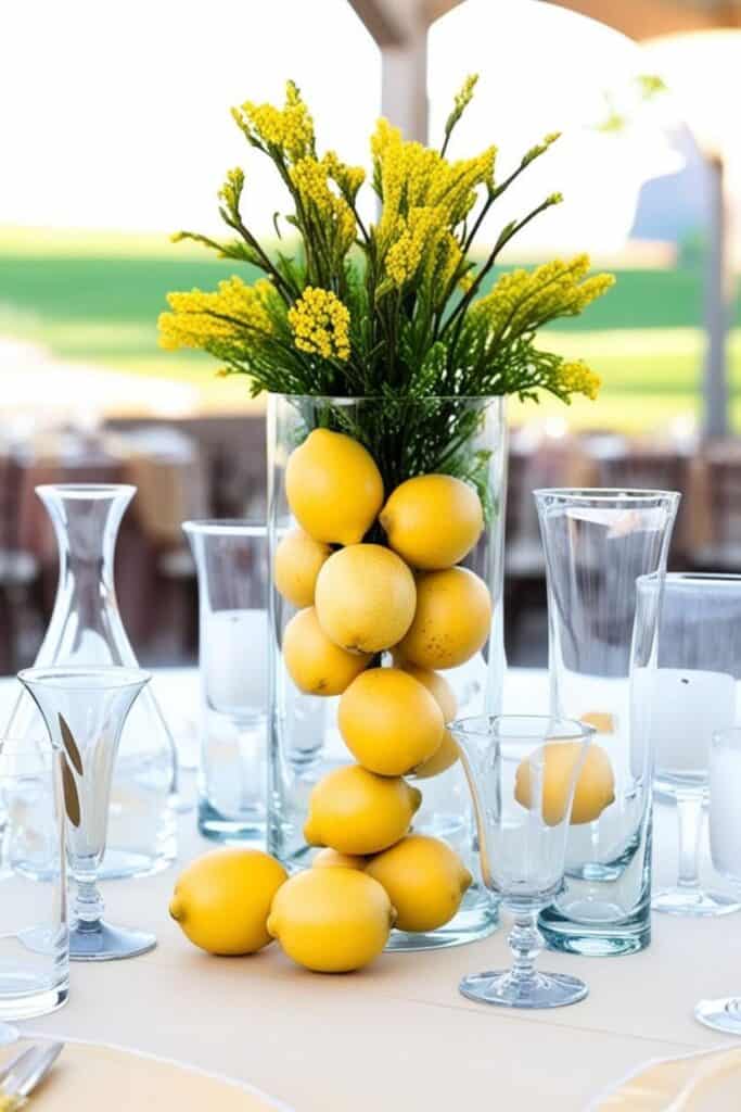 citrus themed bridal shower - lemons in clear vase on table outdoors