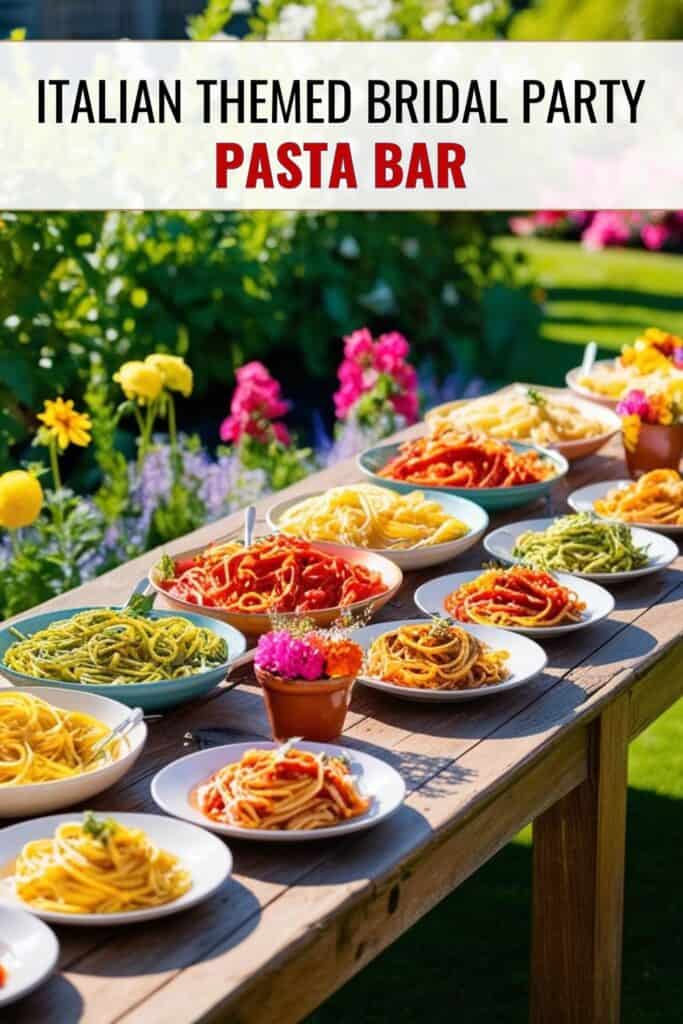 outdoor pasta bar with lots of different types of pasta on a wooden table