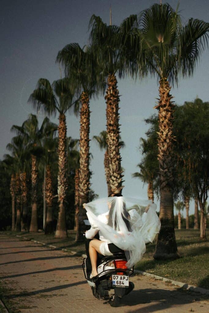 bride and groom on moped - 