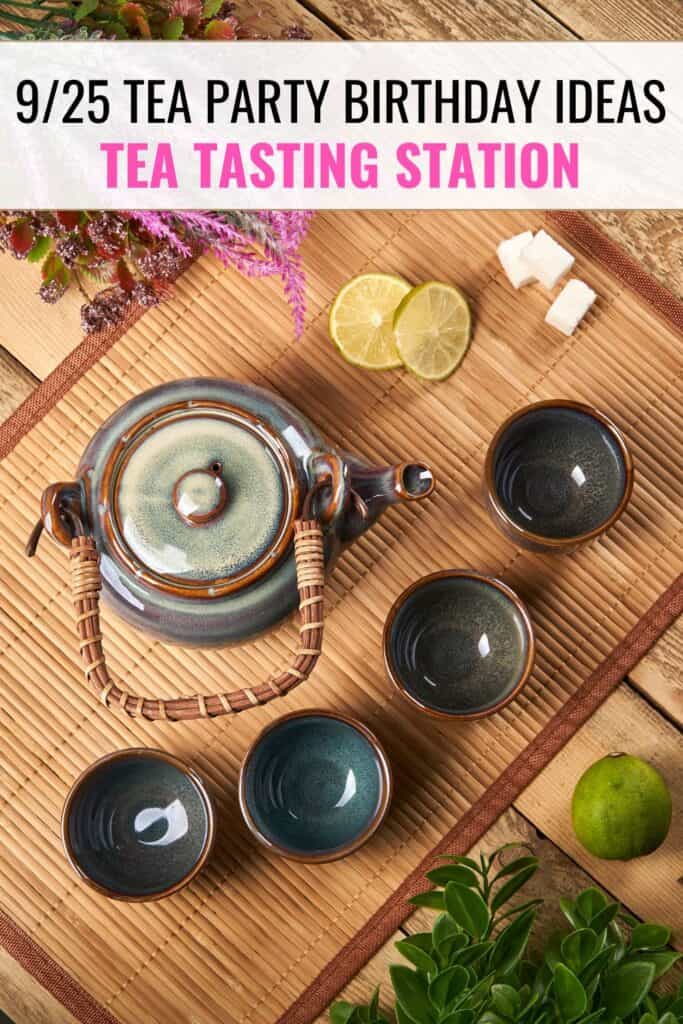 tea tasting - tea pot with 4 tea cups on table