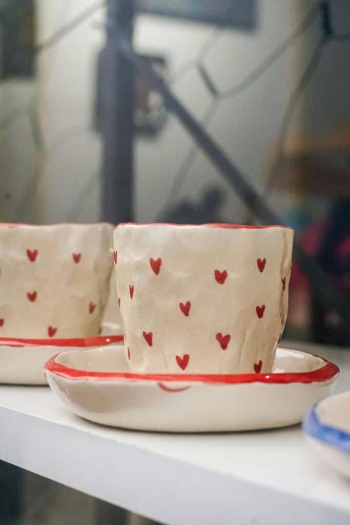 pottery mug white with red hearts for valentines