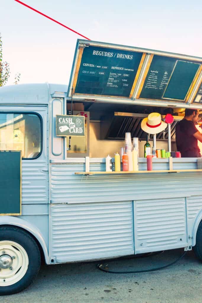 blue food truck for backyard wedding