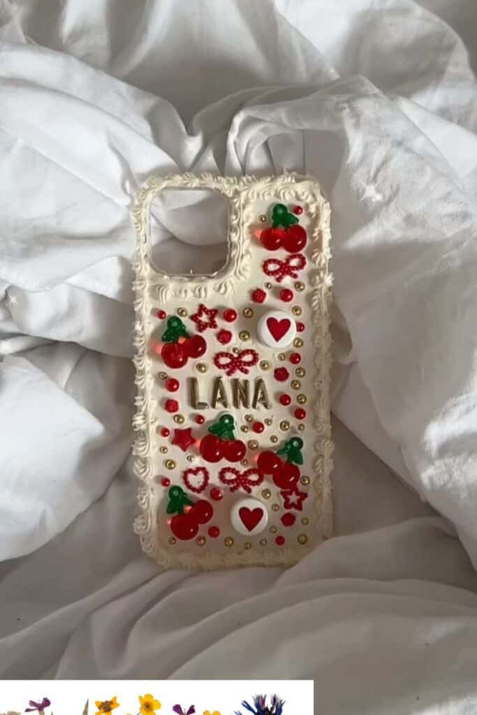 DIY whie phone case with red heart beads for valentines 