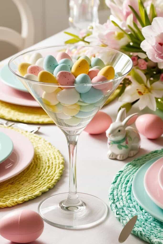 martini glass filled with mini eggs - easter table setting