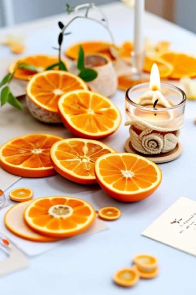 orange slices and candles on white table cloth wedding