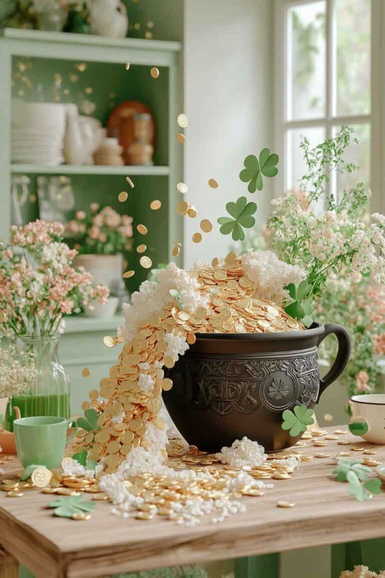 st patricks day decor with pot of gold and four leaf clovers