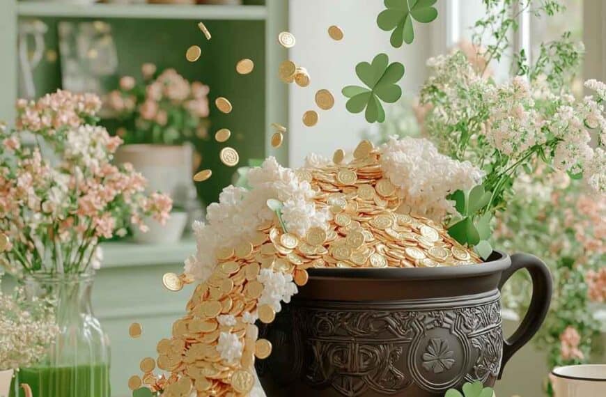 st patricks day decor with pot of gold and four leaf clovers