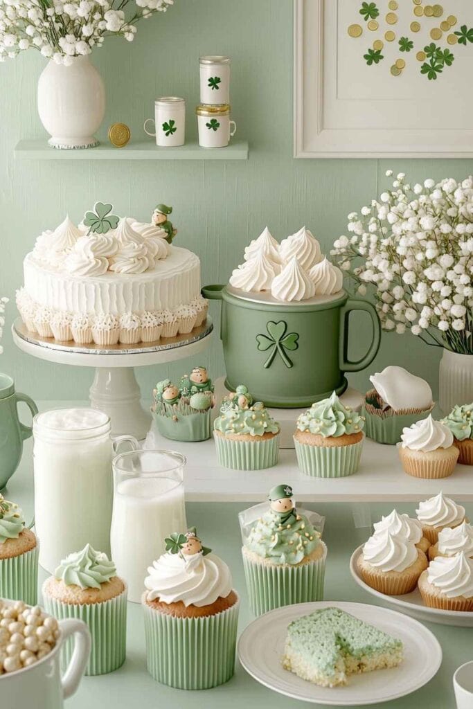 st patricks day decor ideas - table of green cakes and sweets 