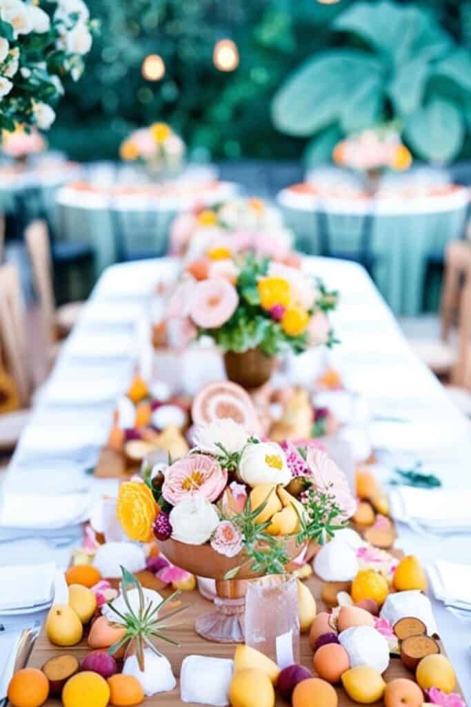 orange and pink florals and fruits table decor