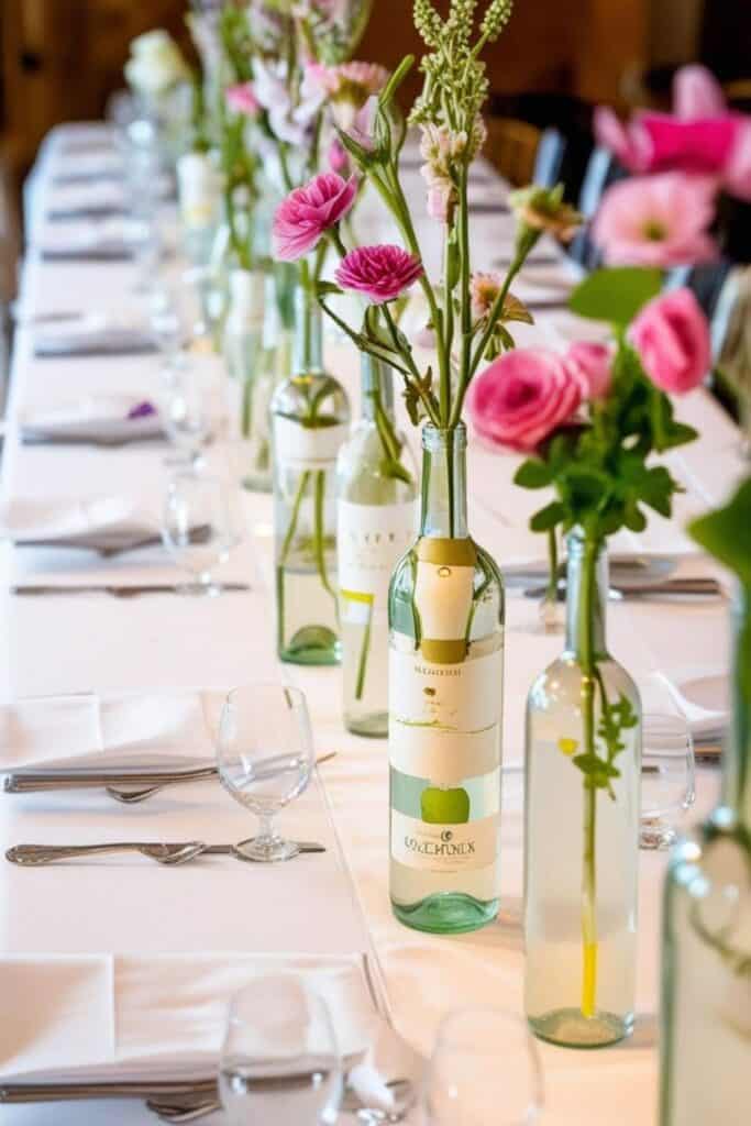 spring centerpiece ideas for wedding - wine bottles with flower stems