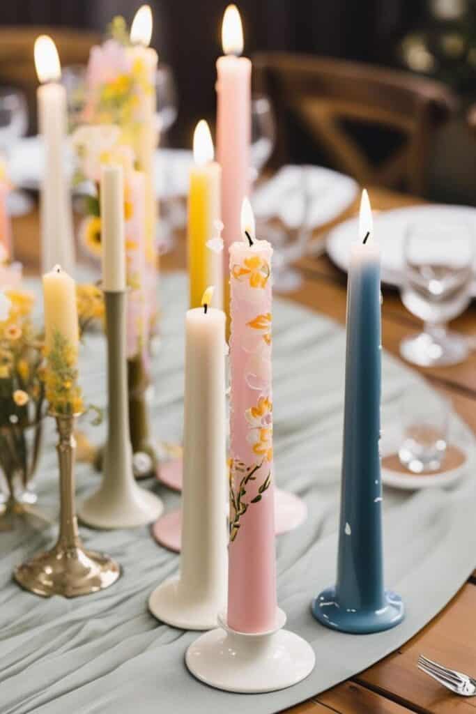 spring wedding centerpieces - painted floral candles on table