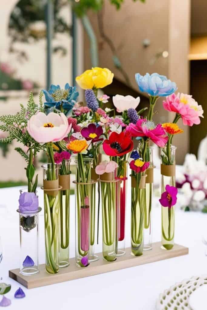 vibrant spring flowers in test tube vases on table