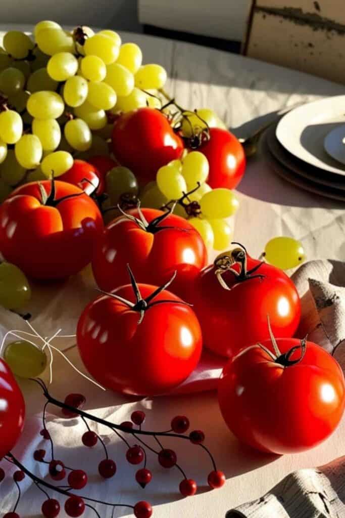 tomatoes and grapes table decor for spring tablescape 