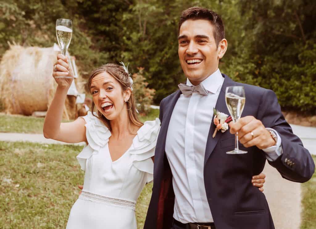 bride and groom outside on wedding day