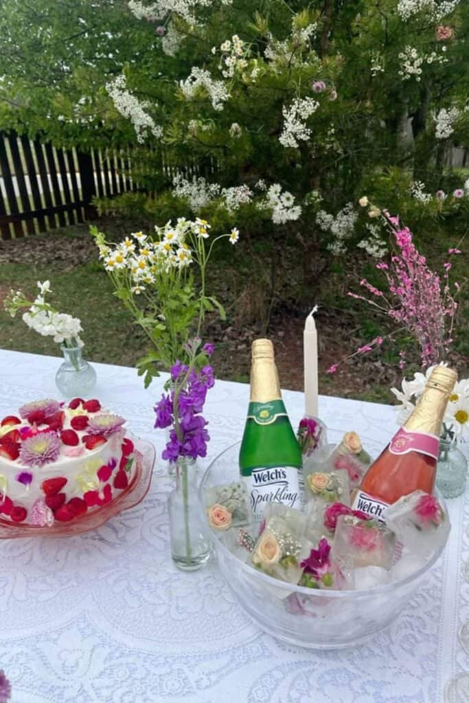 flower ice cubes and champagne outside