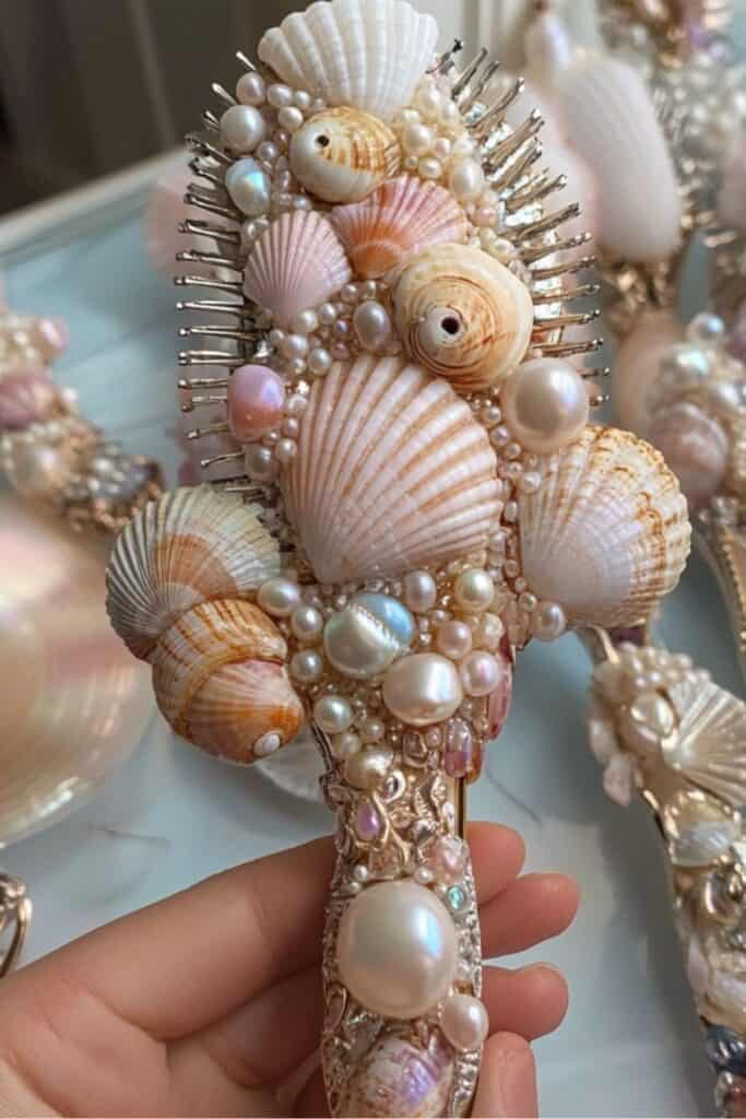 DIY seashell and pearl hair brush - bridal shower activity