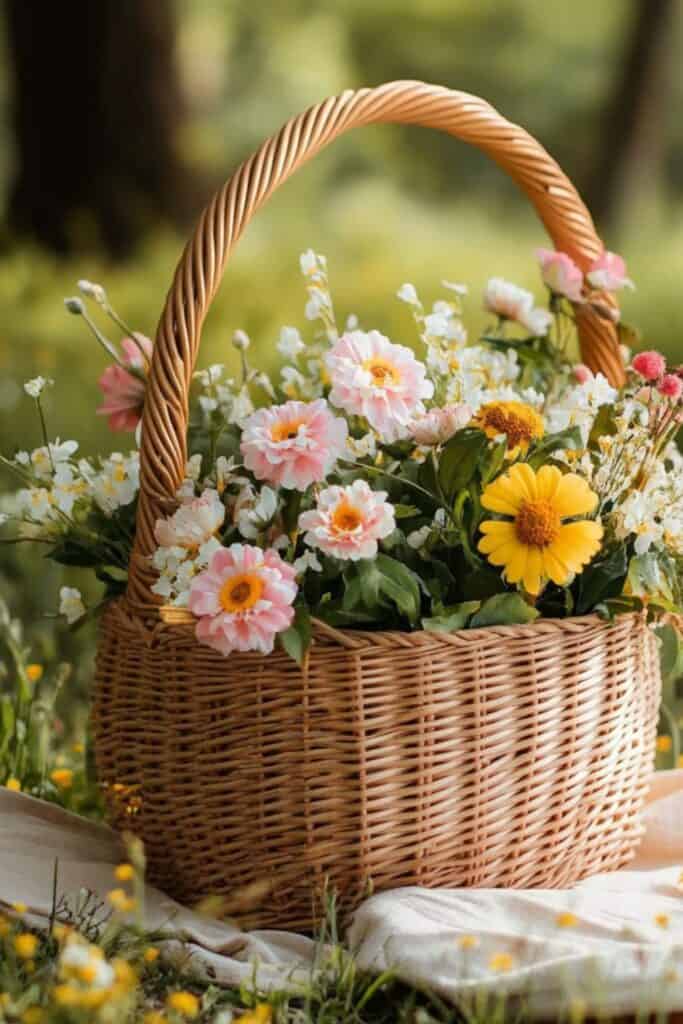 basket flowers for whimsical wedding 