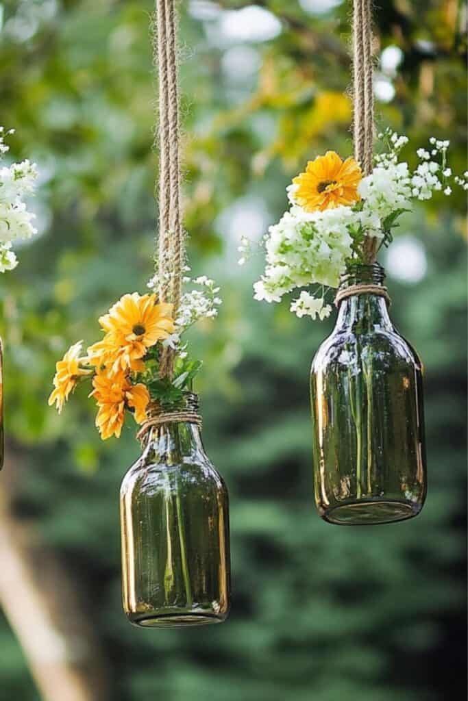 hanging planters DIY - flowers in clear bottles hanging from trees