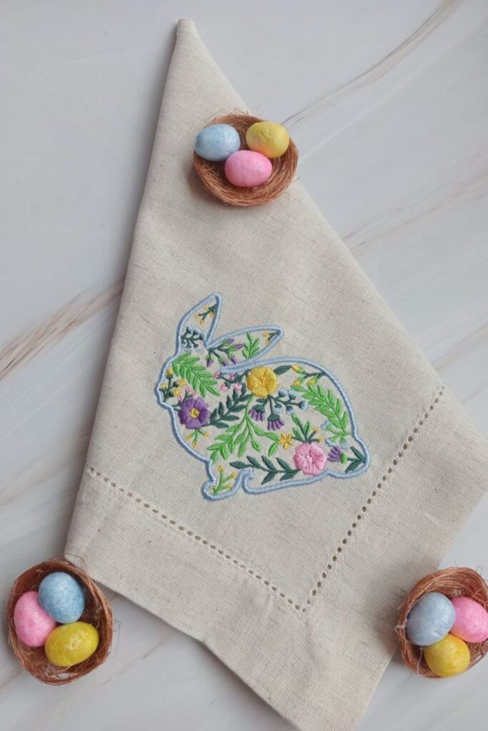 diy embroidered napkins with easter bunny