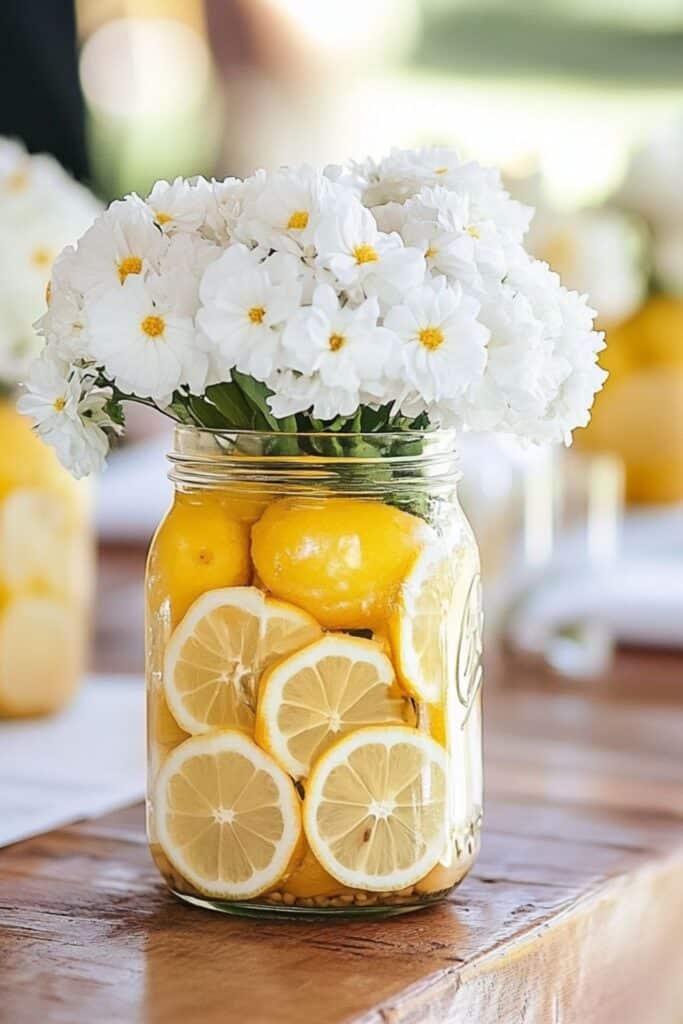 summer wedding table decor - lemon slices in vases