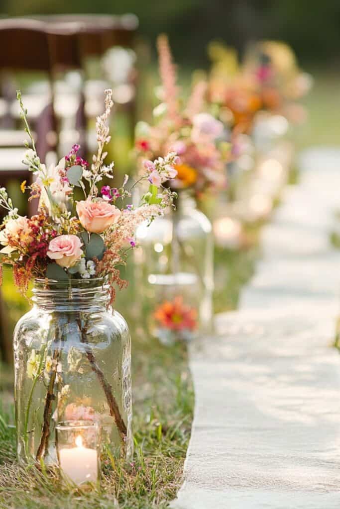 wedding aisle mason jar flowers