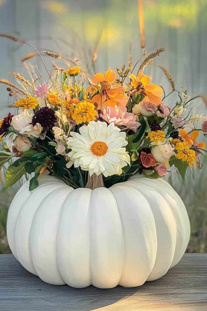 pumpkin vase with flowers in for bridal shower 