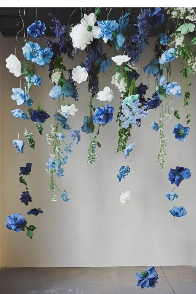 blue and white hanging floral garland