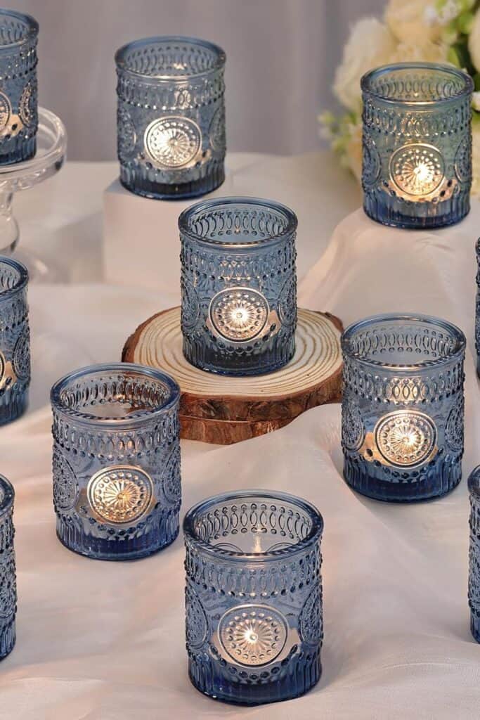 blue candle holders for wedding tables