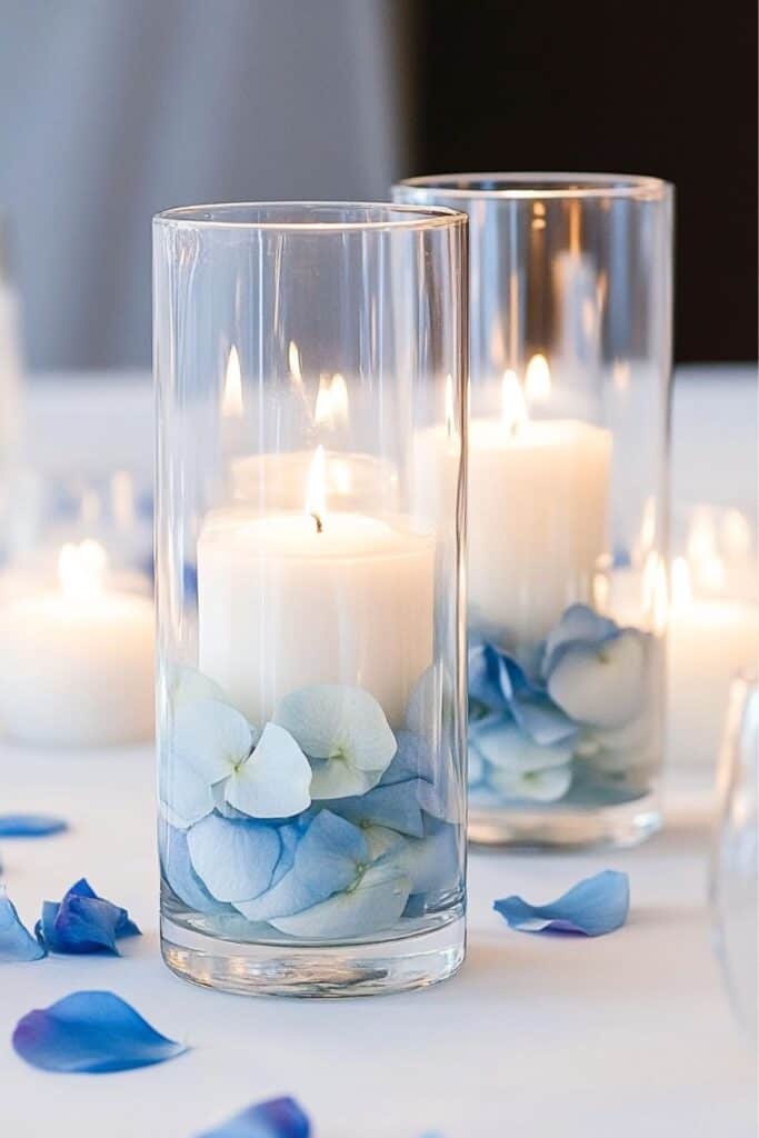 floating candles with dusty blue petals