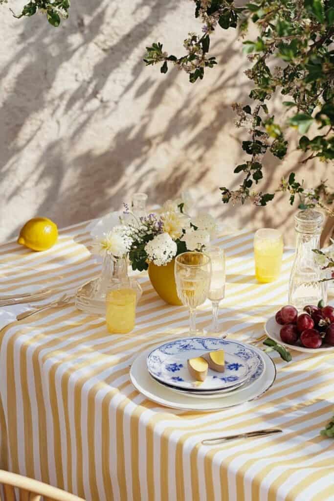 white and yellow striped table cloth 