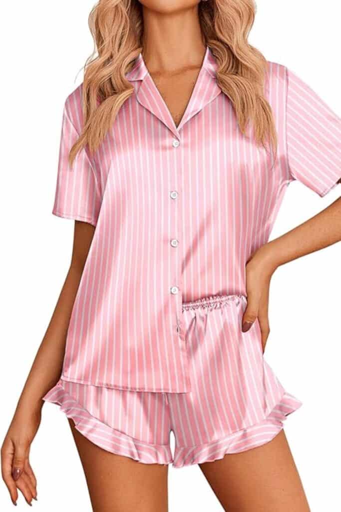 pink and white stripped matching pjs 