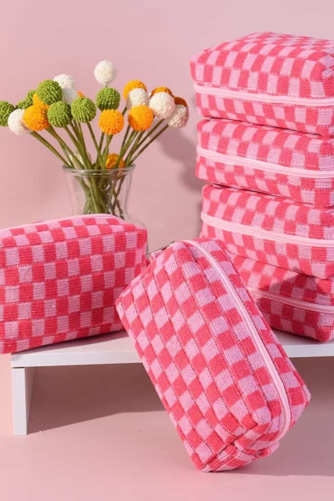 pink checkered makeup bag 