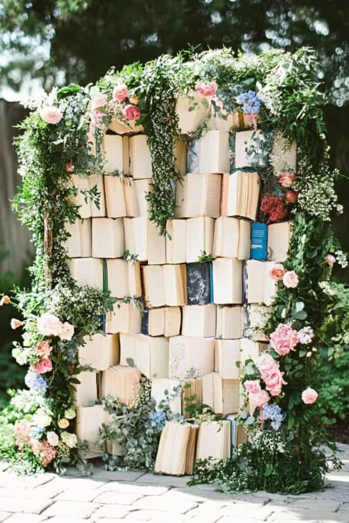 vintage books wedding aisle decor
