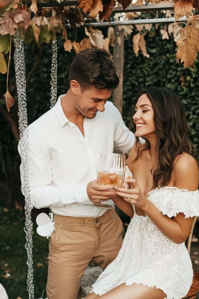 fall engagement party bride and groom